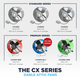 The CX1600 BLU is part of the Maxx Air Premium Series of gable attic fans - other premium models include CX1500 RED and CX2500 GRN for smaller or larger attic spaces. 