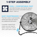 Attach the base to the fan head and you're set! This Maxx Air floor fan requires very little maintenance and can be wiped clean of dust with a soft cloth. 