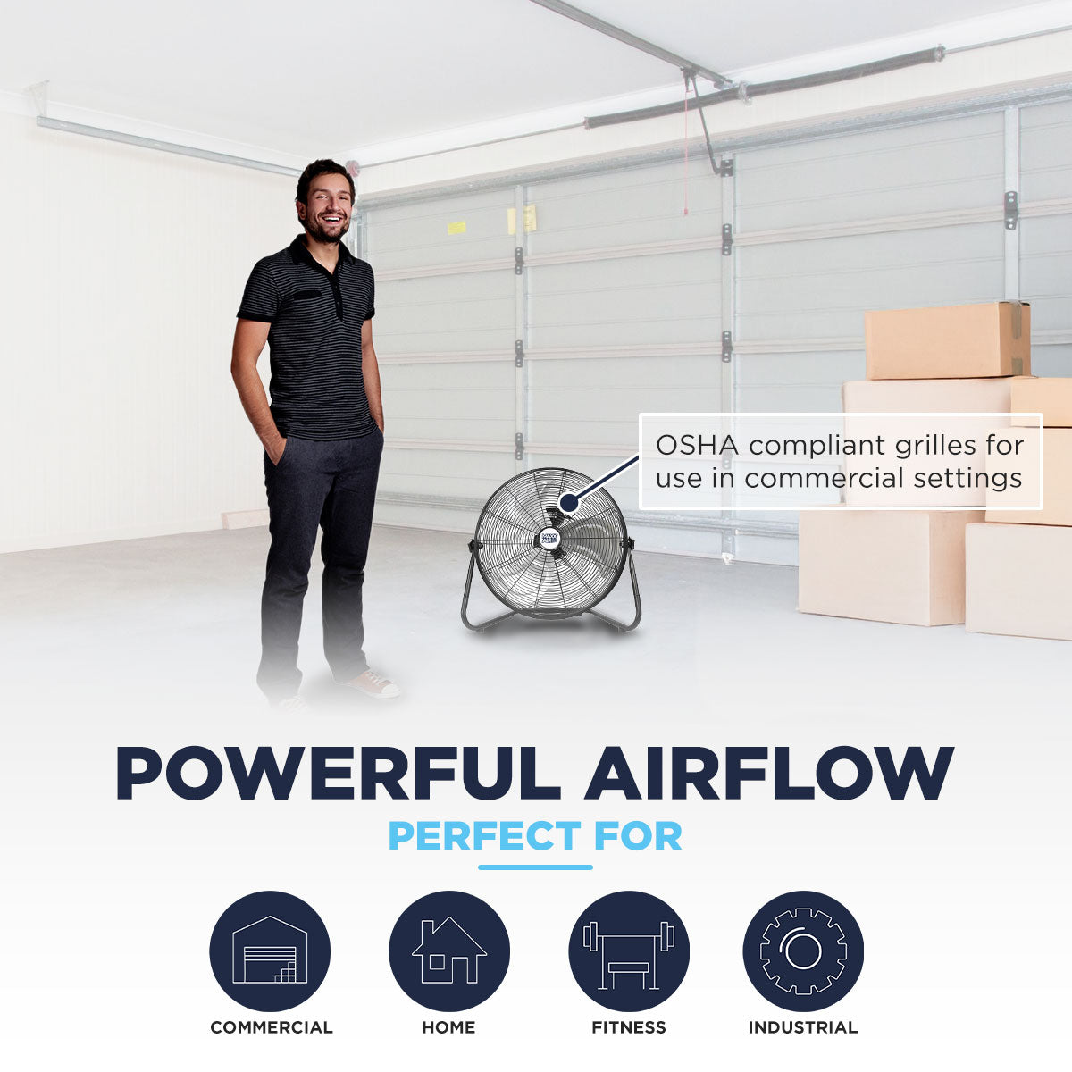 This high velocity fan has OSHA compliant grilles for use in commercial and industrial environments, and is also a perfect fit for home or gym use. 