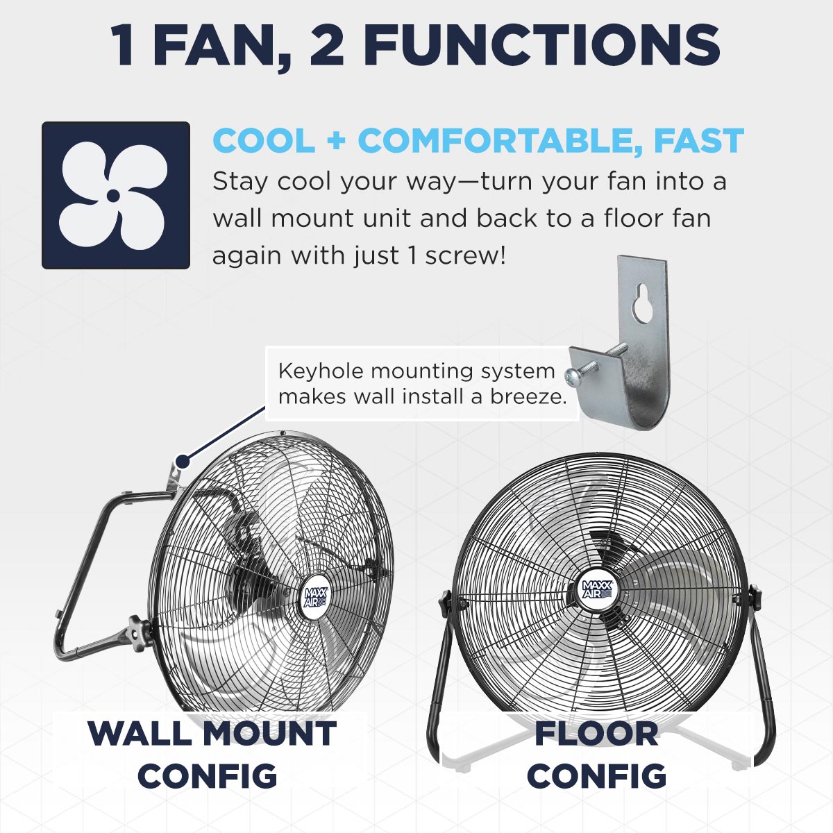 Fan with wall mount and floor configurations on a white background