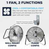 Fan with wall mount and floor configurations on a white background