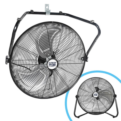 20 in. 2-in-1 air circulator fan shown in wall mount fan and floor fan modes. 