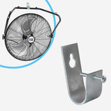 Wall hook shown with small-scale in-use image of Maxx Air floor fan hanging from bracket in wall mode.