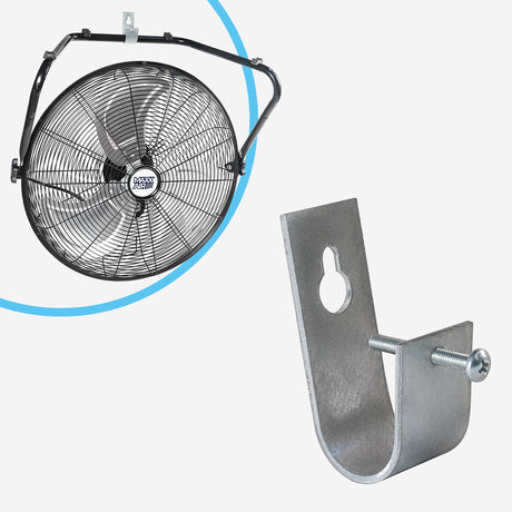 Wall hook shown with small-scale in-use image of Maxx Air floor fan hanging from bracket in wall mode.