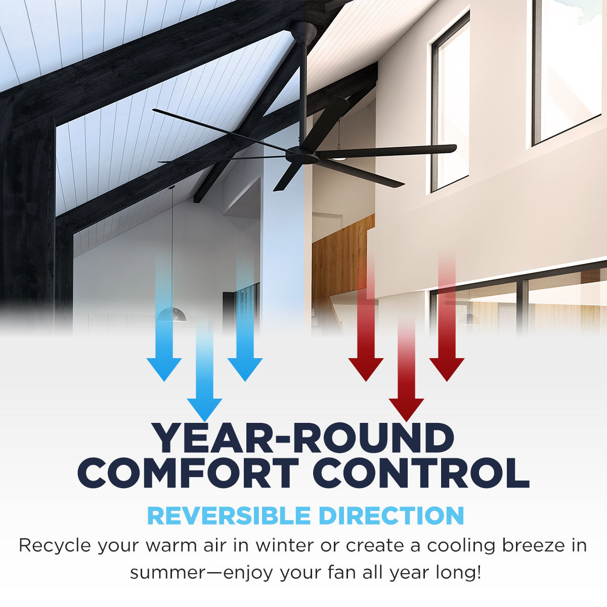Enjoy year round comfort control with this industrial ceiling fan's reversible motor which recycles warm air in winter or creates a cooling breeze in summer. 