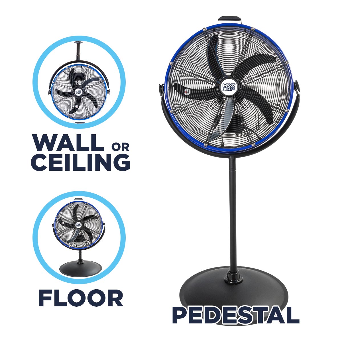 20 in. 3-IN-1 pedestal fan in a rust-resistant powder coated metal in blue finish.