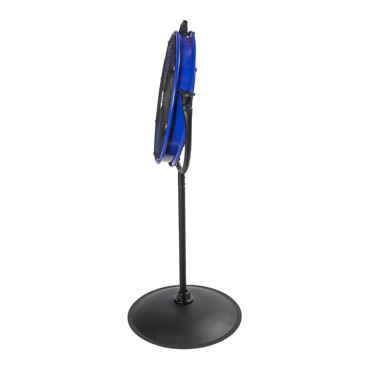 Right side profile view of the 20 in. industrial fan showing the slim shroud design and pole stand. 