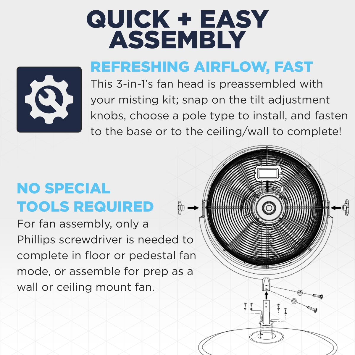 20 In. 3-Speed Tilting Outdoor Rated 3-IN-1 Pedestal Fan with Misting Kit