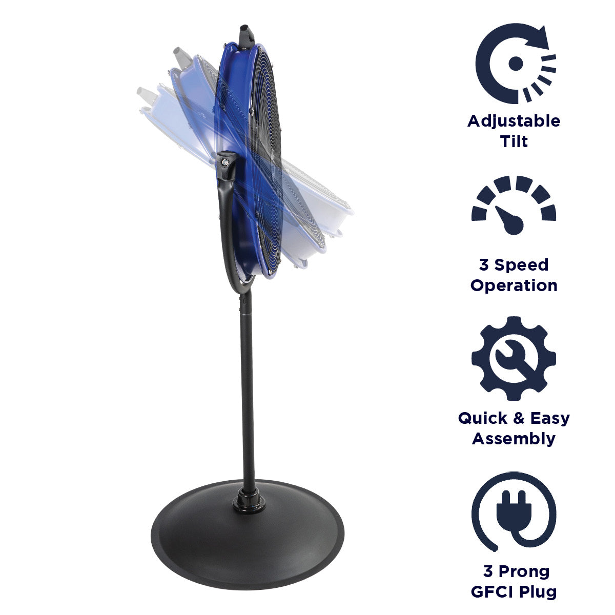 Features of the HVPF 20 OR include adjustable tilt, 3 speed operation, and a 3 prong GFCI electric  plug. 