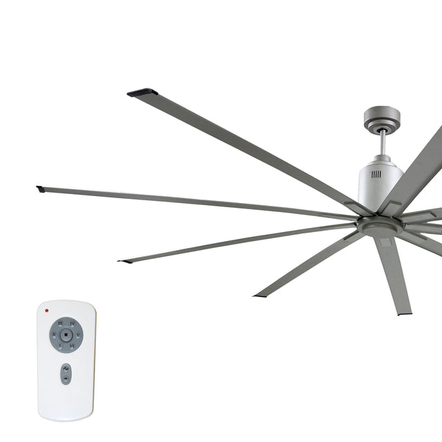 72 in. industrial ceiling fan in metallic brushed nickel finish with large diameter fan blades.