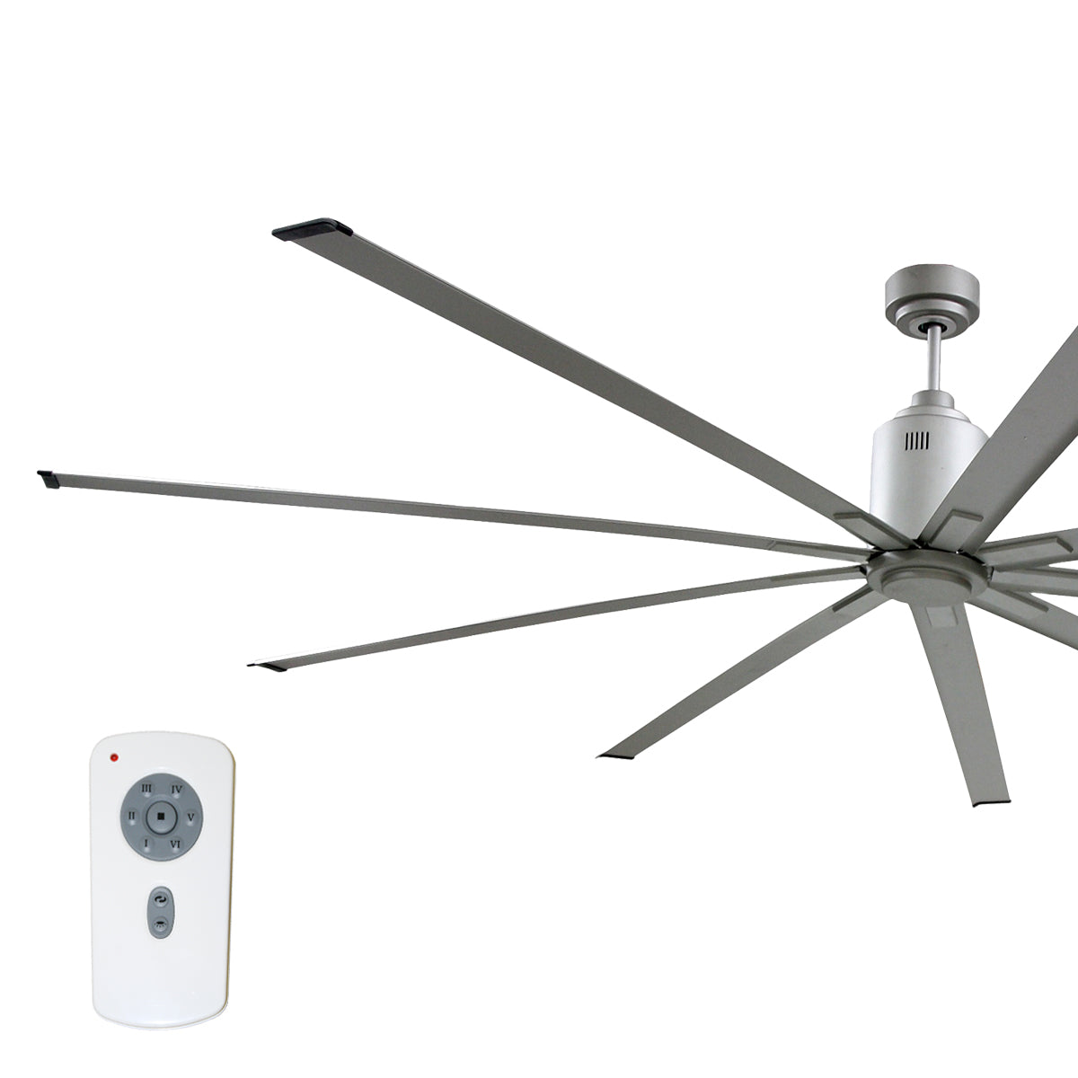Large diameter 96 in. industrial ceiling fan with metallic brushed nickel finish blades and housing.