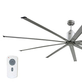 Large diameter 96 in. industrial ceiling fan with metallic brushed nickel finish blades and housing.