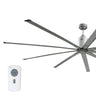 Large diameter 96 in. industrial ceiling fan with metallic brushed nickel finish blades and housing.