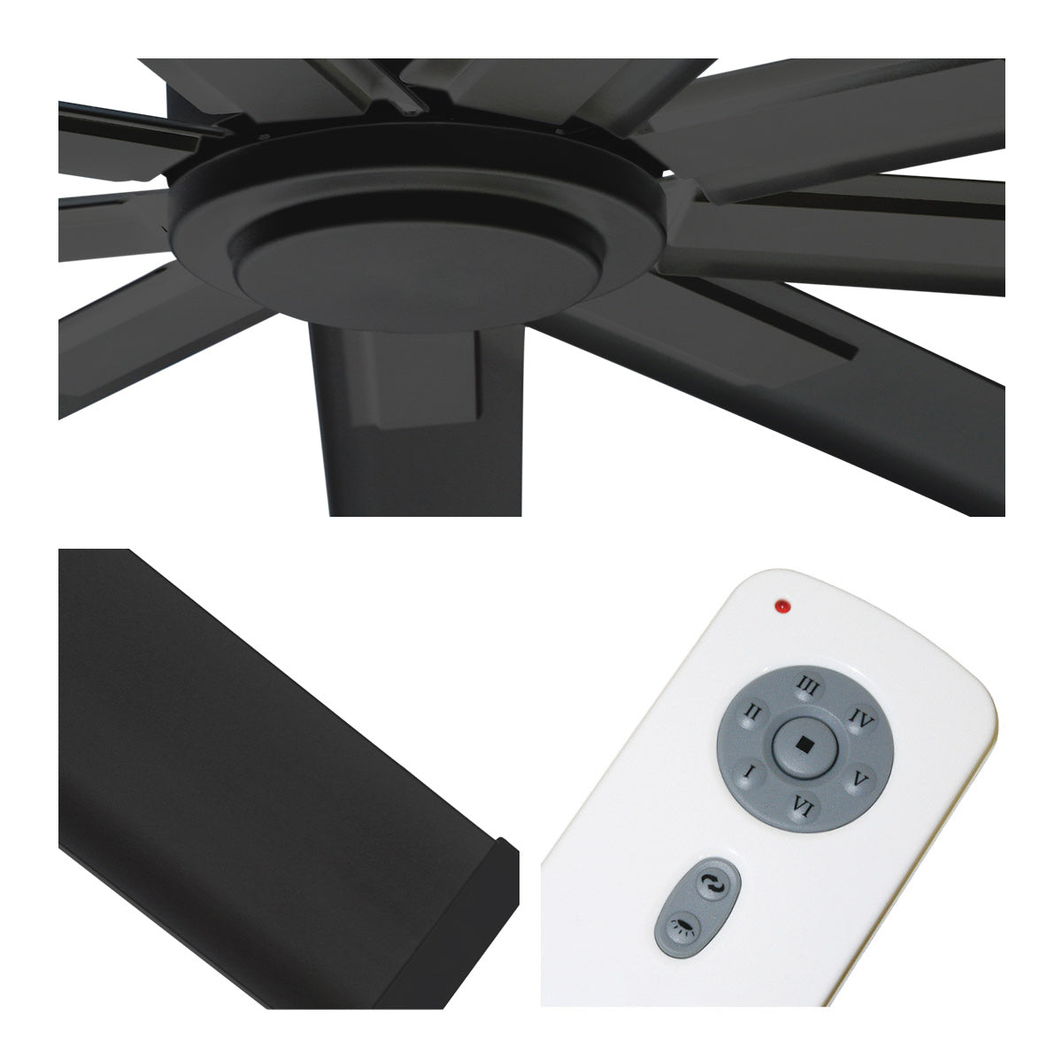 Detailed close-up of fan center, black blade finish, and remote control with 6 speeds and reverse function. 
