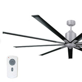 Large diameter 96 in. industrial ceiling fan in chrome and gloss black combination finish.