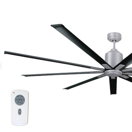 Large diameter 96 in. industrial ceiling fan in chrome and gloss black combination finish.