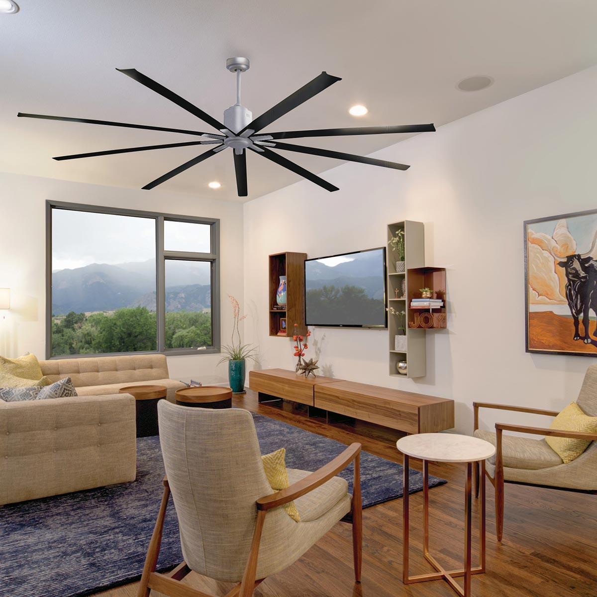 This modern ceiling fan provides powerful air movement while remaining a stylish statement piece for your home.