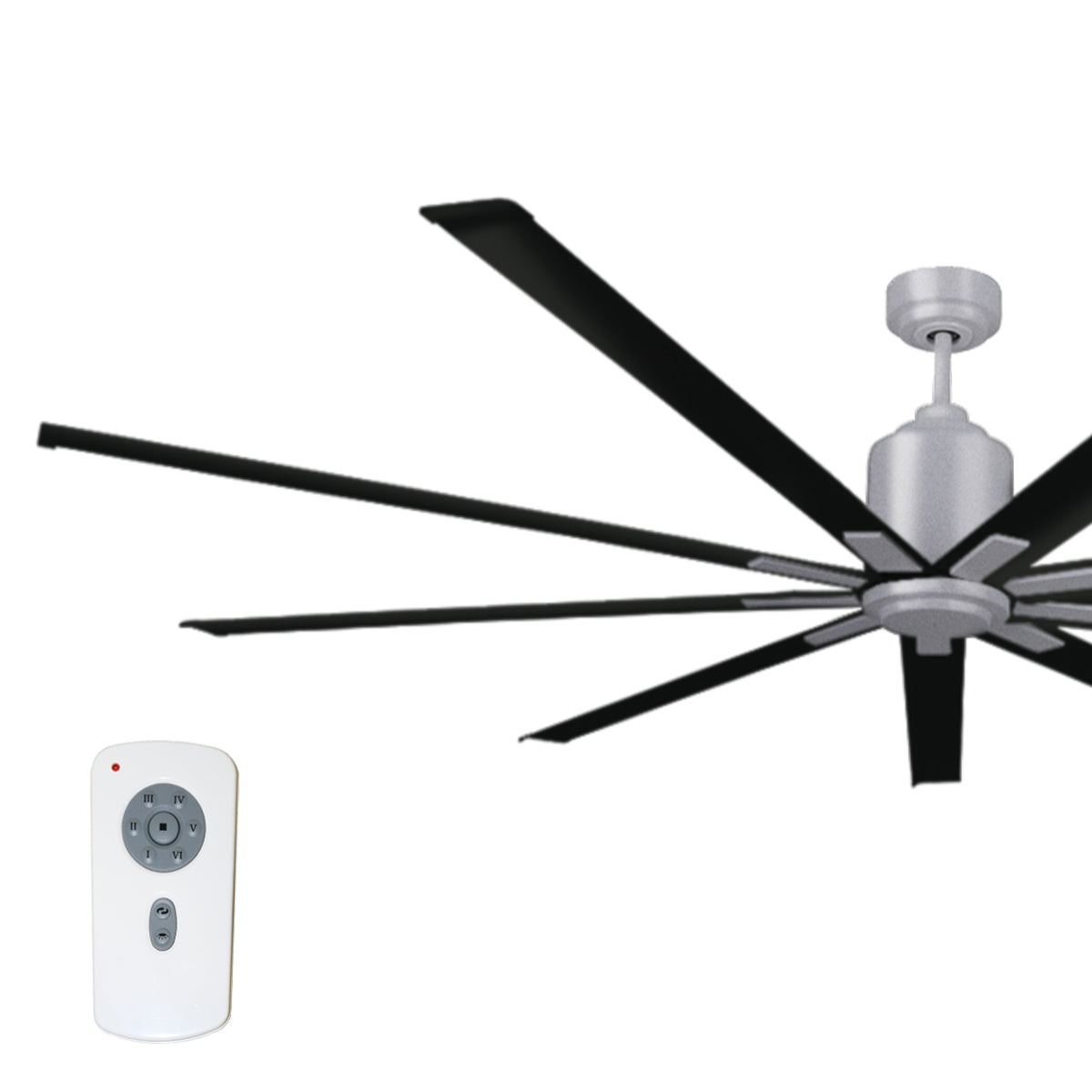 Large diameter 96 in. industrial ceiling fan in chrome and matte black combination finish.