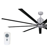 Large diameter 96 in. industrial ceiling fan in chrome and matte black combination finish.