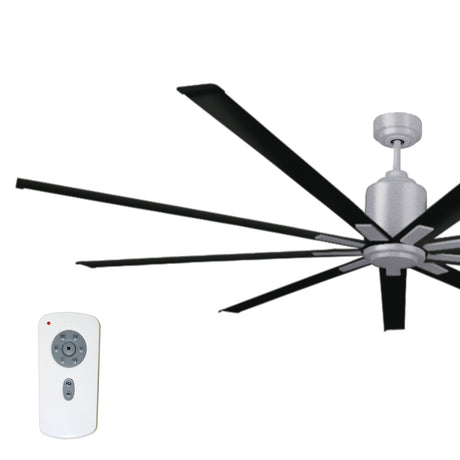 Large diameter 96 in. industrial ceiling fan in chrome and matte black combination finish.