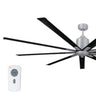 Large diameter 96 in. industrial ceiling fan in chrome and matte black combination finish.