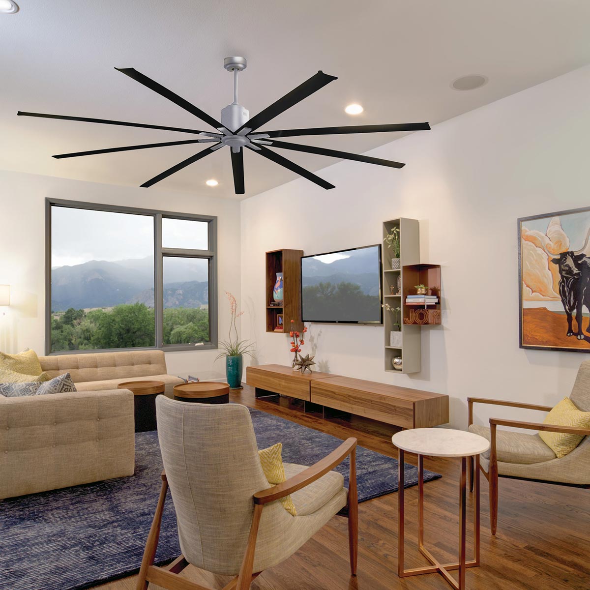 This modern ceiling fan provides powerful air movement while remaining a stylish statement piece for your home.