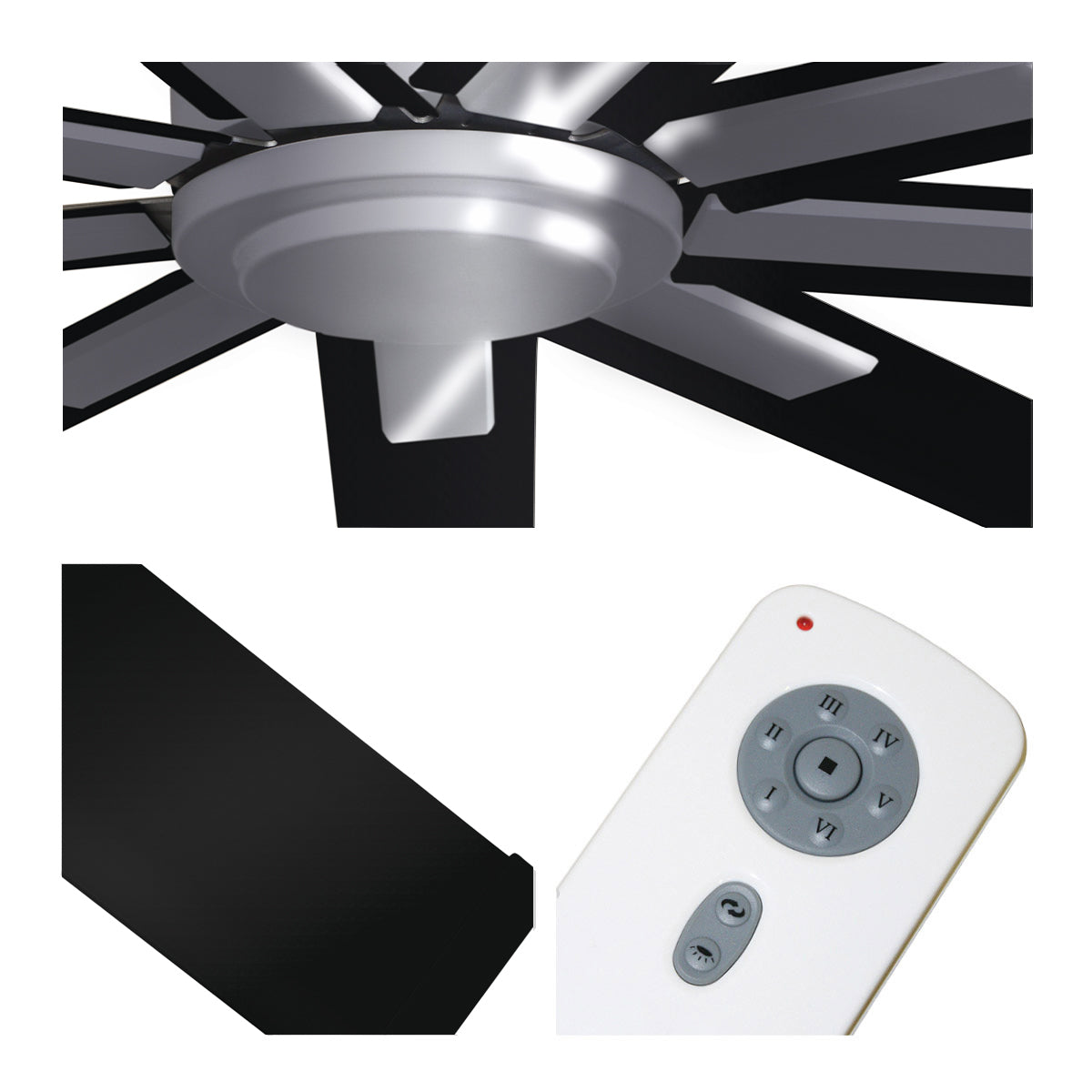 Detailed close-up of chrome fan center, matte black blade finish, and remote control with 6 speeds and reverse function. 