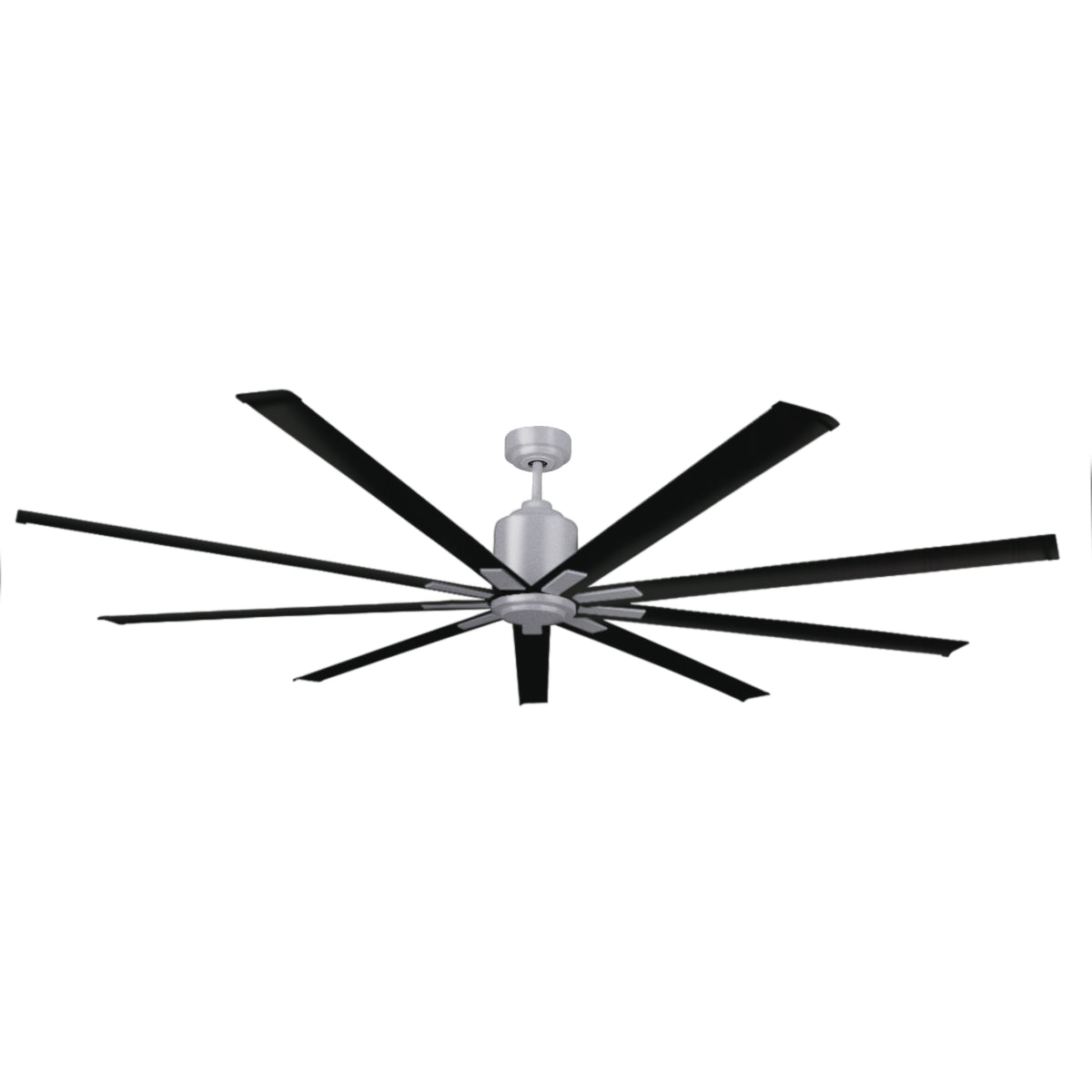 Large diameter 96 in. industrial ceiling fan in chrome and matte black combination finish.