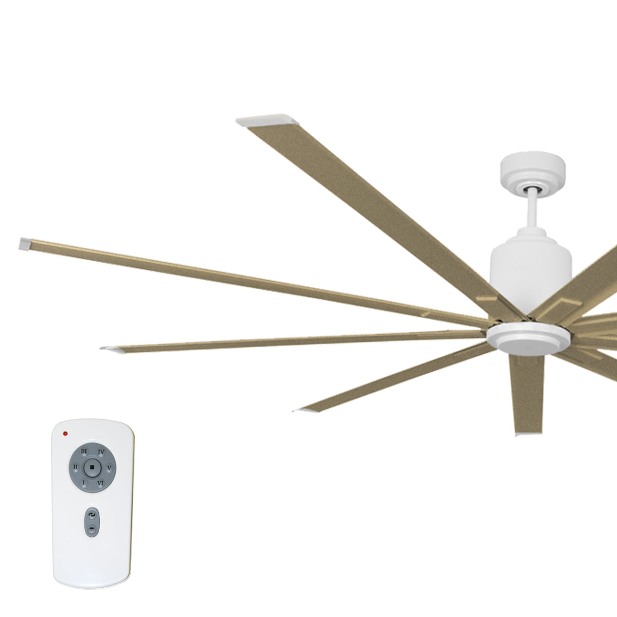Large diameter 96 in. industrial ceiling fan in gold and white combination finish.