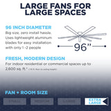 This extra large ceiling fan has a 96 inch diameter with lightweight aluminum blades for easy install, and is best for spaces up to 2,600 sq. ft. 