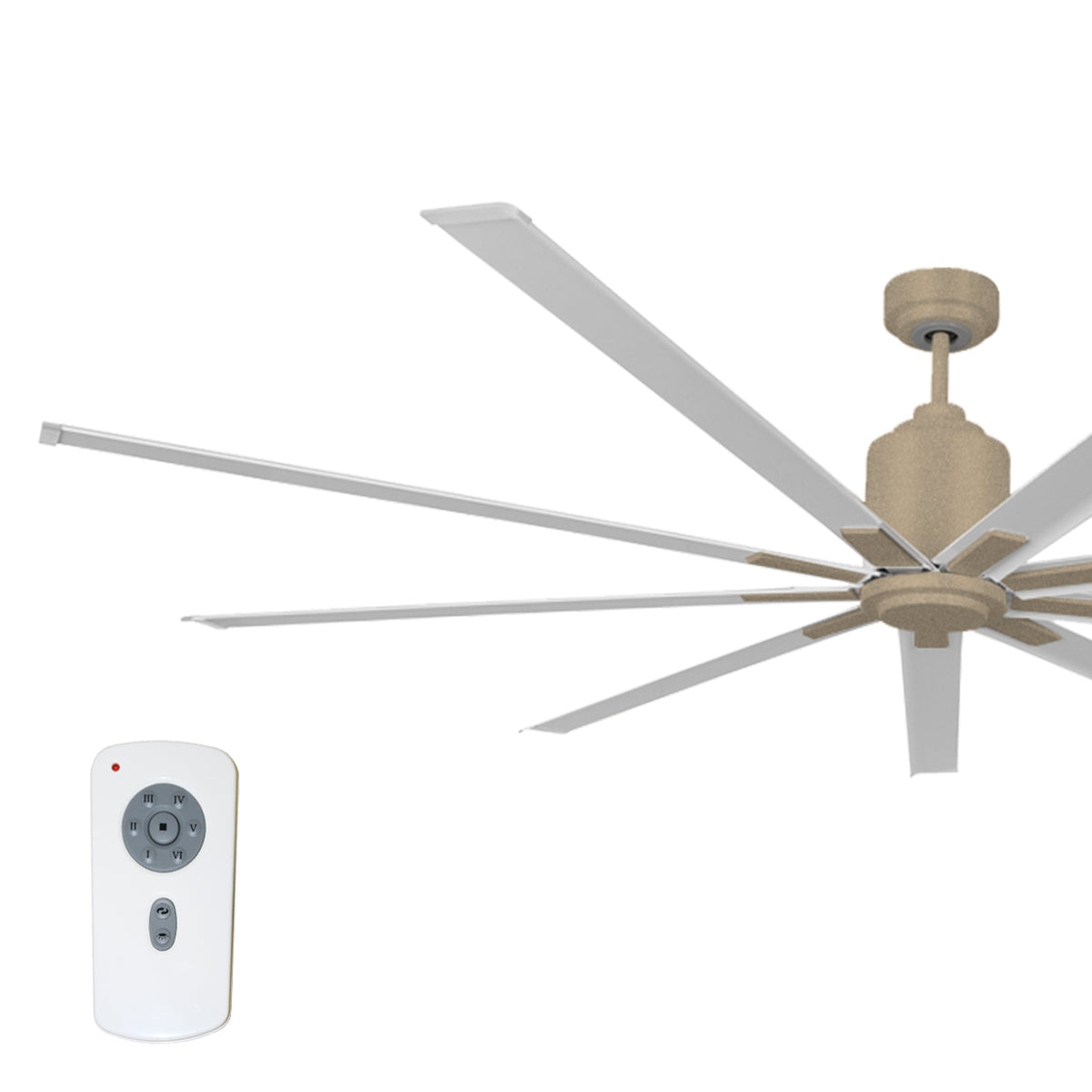 Large diameter 96 in. industrial ceiling fan in brass and white combination finish.