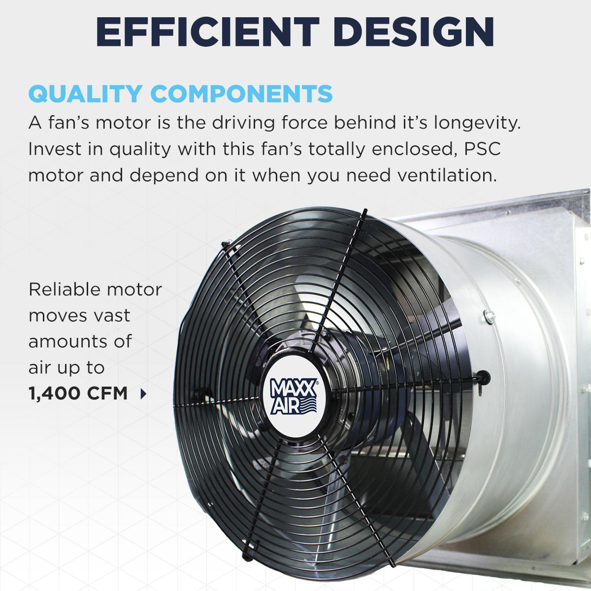 The Maxx Air IF14 has an efficient totally enclosed PSC motor that moves up to 1400 CFM. 