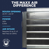 Experience the Maxx Air difference with our exhaust fans, with IF18's rough opening of 20.75" x 20.75", a 120V operation at 5.34A, and a 1-year limited warranty. 