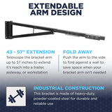 This steel bracket arm telescopes to extend from 43 - 57 inches and folds to the side to save space.