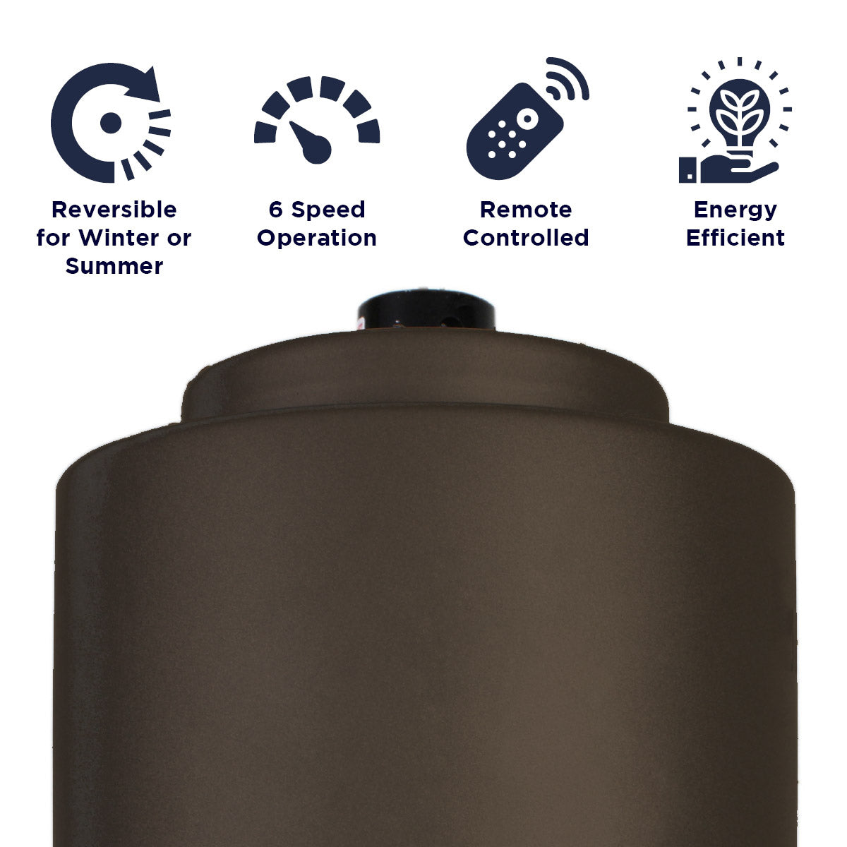 The XXICFMOTORORB is reversible for year-round use, provides 6 speeds via remote control, and is energy efficient.