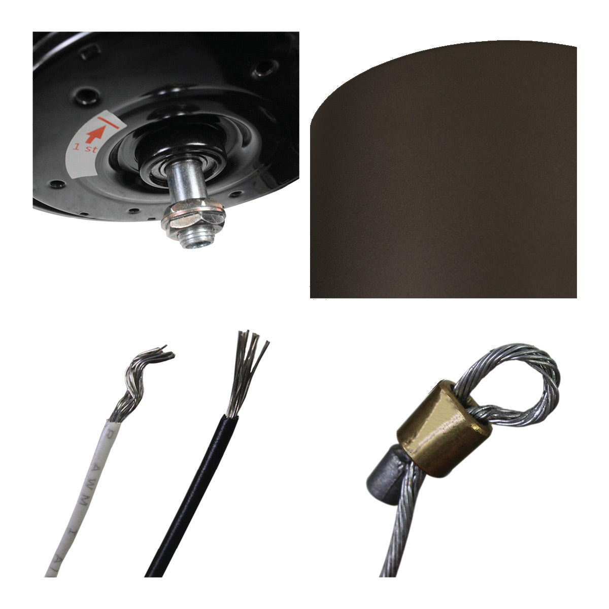 Close-up of motor head, finish, wiring, and safety line. 