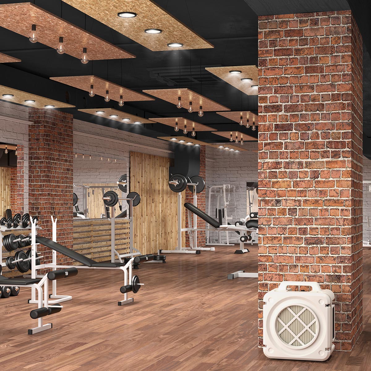 Placing an air scrubber in the center of a room of a fitness center, gym, or yoga studio helps to keep air quality at it's best while athletes work. 