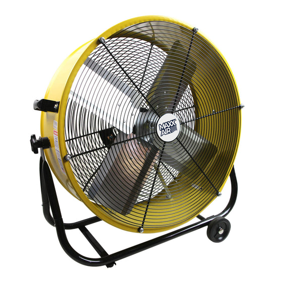 24 in. yellow commercial tilt fan constructed with a heavy-duty powder coated steel drum.