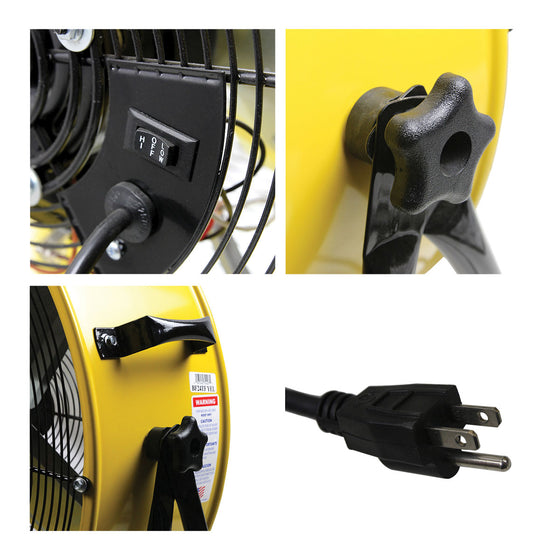 24 in. yellow tilt fan detail close-ups, including the switch, tilt adjustment knobs, handles, and plug.