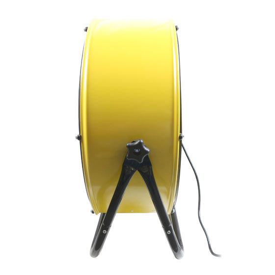 Right side view of the 24 in. yellow barrel fan showing the easy to use tilt adjustment knobs and sturdy, heavy duty cradle base. 