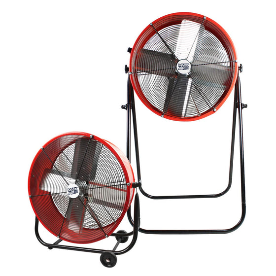 The 24 in. commercial tilt fan shown in both the floor and taller man cooler configuration. 