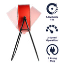 Features of the 24 in. industrial red 2N1 Tilt Fan include adjustable tilt, 2 speed operation,  and 3 prong electric plug.