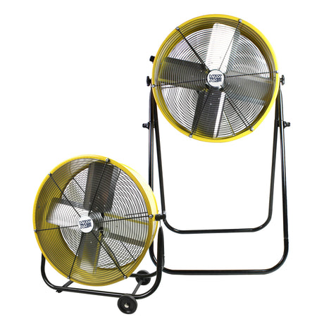 The 24 in. commercial tilt fan shown in both the floor and taller man cooler configuration. 