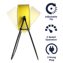 Features of the 24 in. industrial yellow 2N1 Tilt Fan include adjustable tilt, 2 speed operation,  and 3 prong electric plug.