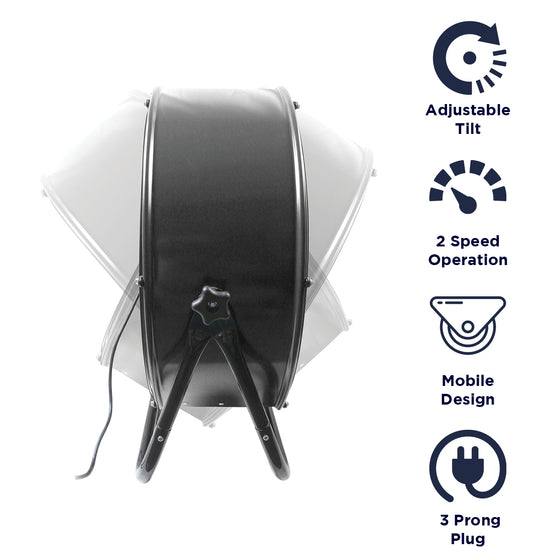 Features of the 24 in. tilt fan include 2 speed operation, mobile design, and 3 prong electric plug.
