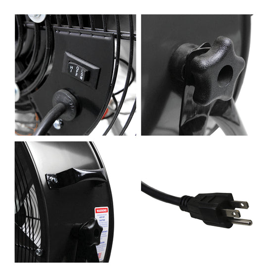 24 in. tilt fan detail close-ups, including the switch, tilt adjustment knobs, handles, and plug.