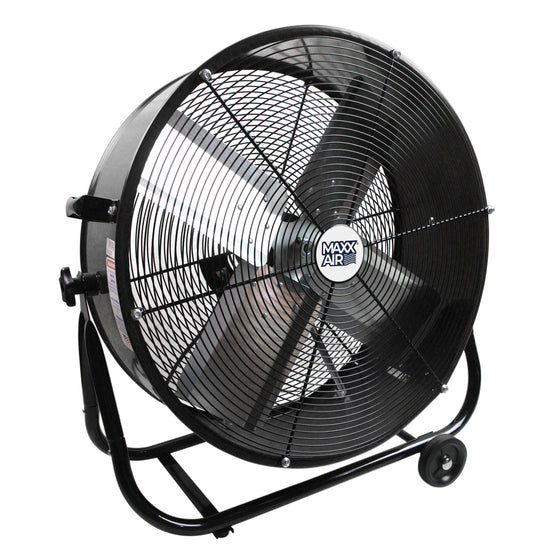 24 in. tilt fan in a powder-coated black finish, constructed with a heavy-duty powder coated steel housing.