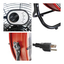 24 in. red tilt fan detail close-ups, including the switch, tilt adjustment knobs, non-skid feet, and plug.