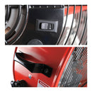 Detailed close-ups of the 2-in-1 industrial drum fan, including the rocker switch and built-in handle. 