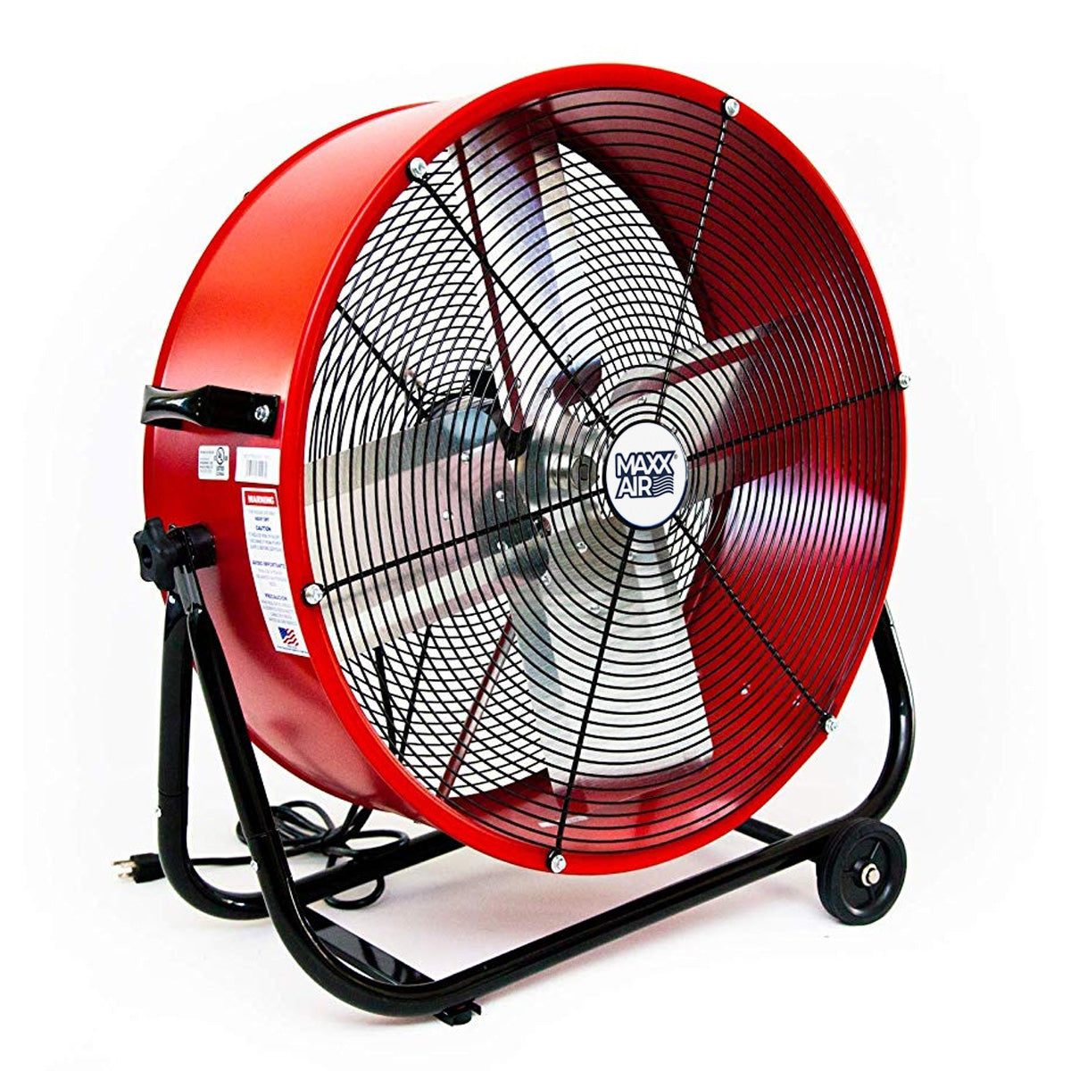 24 in. high velocity tilt fan in a powder-coated red finish, constructed with a heavy-duty powder coated steel housing.